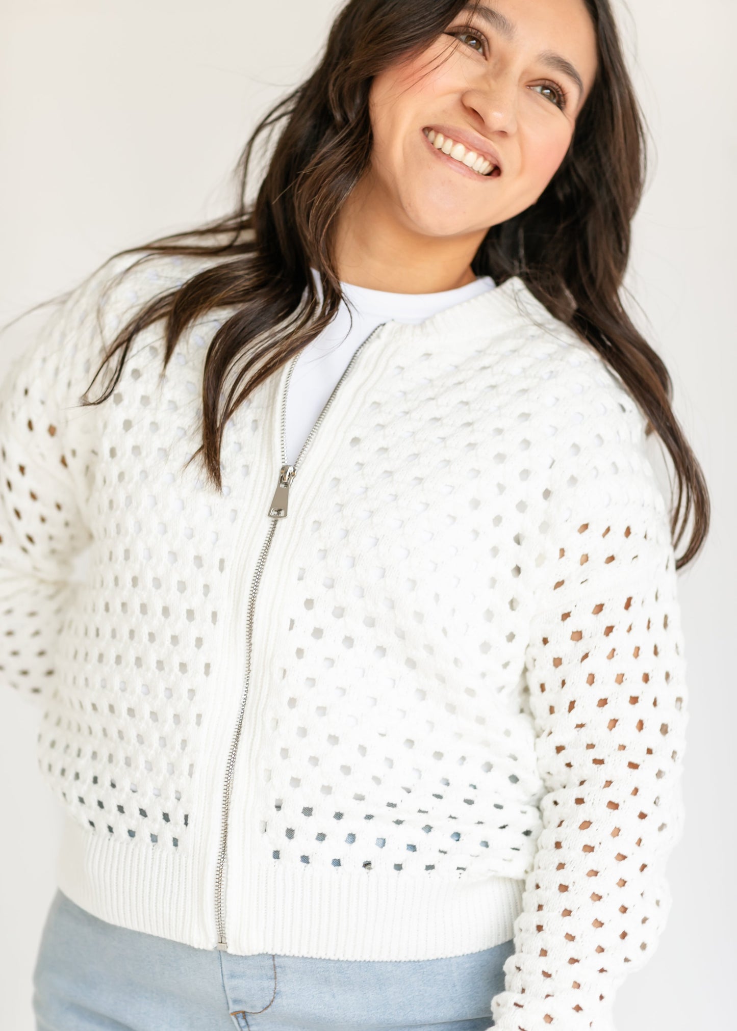 elan White Open Knit Zip Front Cardigan - FINAL SALE