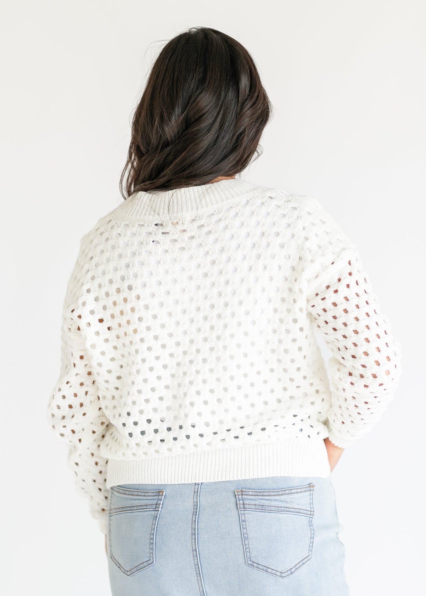 elan White Open Knit Zip Front Cardigan - FINAL SALE