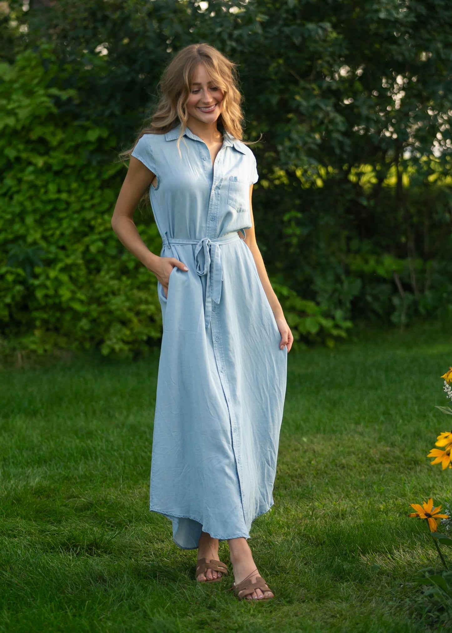 Willow Cap Sleeve Chambray Belted Midi Dress