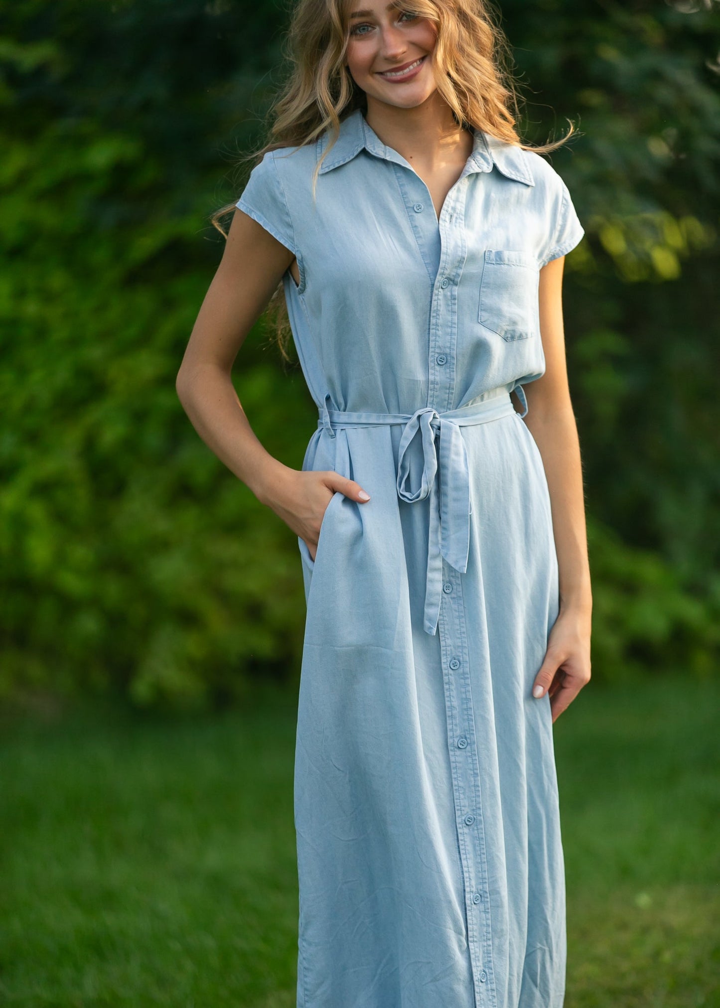 Willow Cap Sleeve Chambray Belted Midi Dress