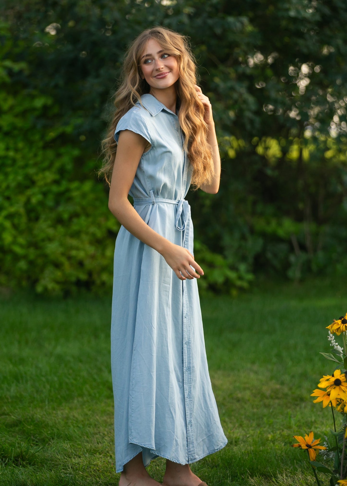 Willow Cap Sleeve Chambray Belted Midi Dress
