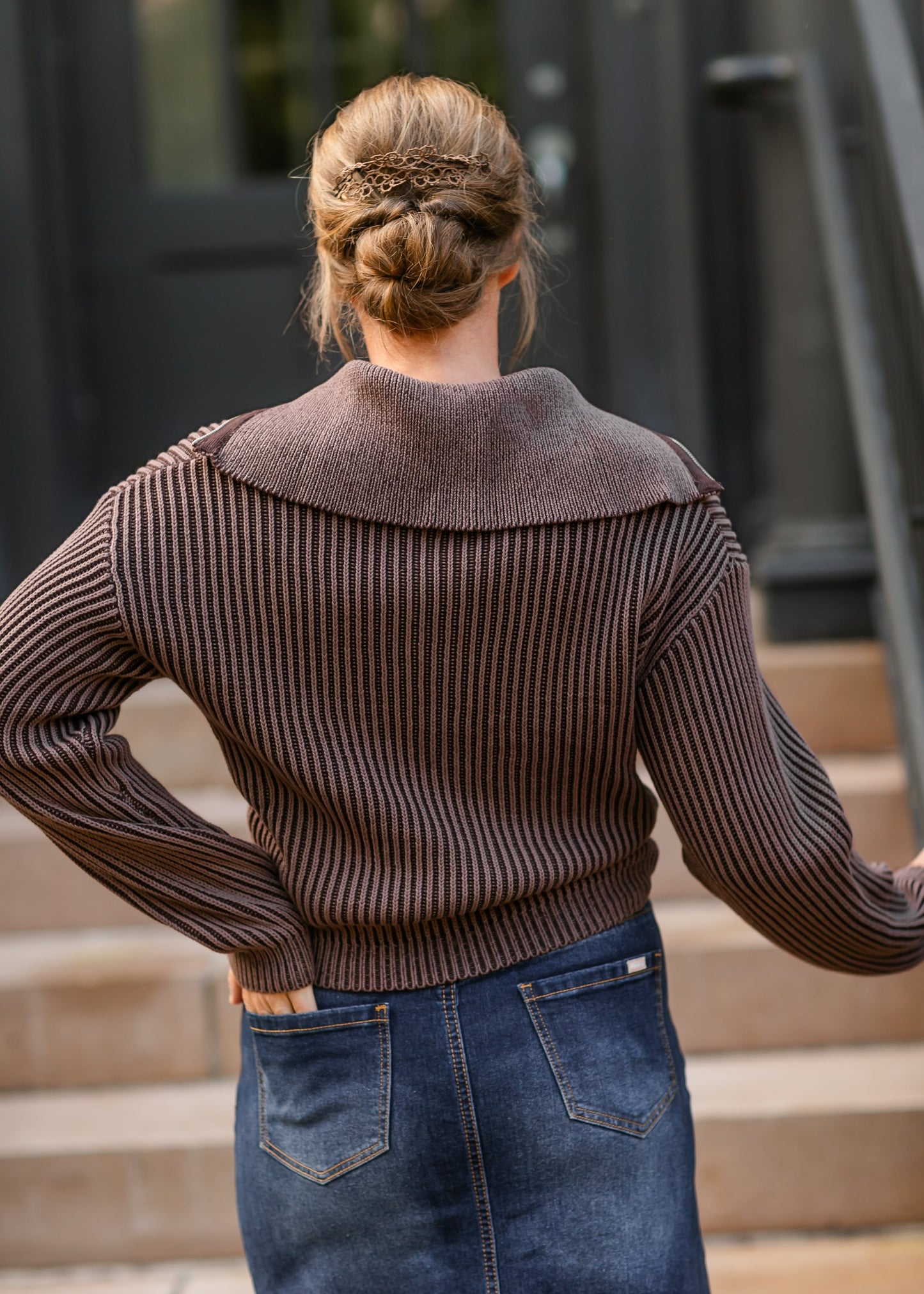Zip-up Brown Knit Sweater - FINAL SALE